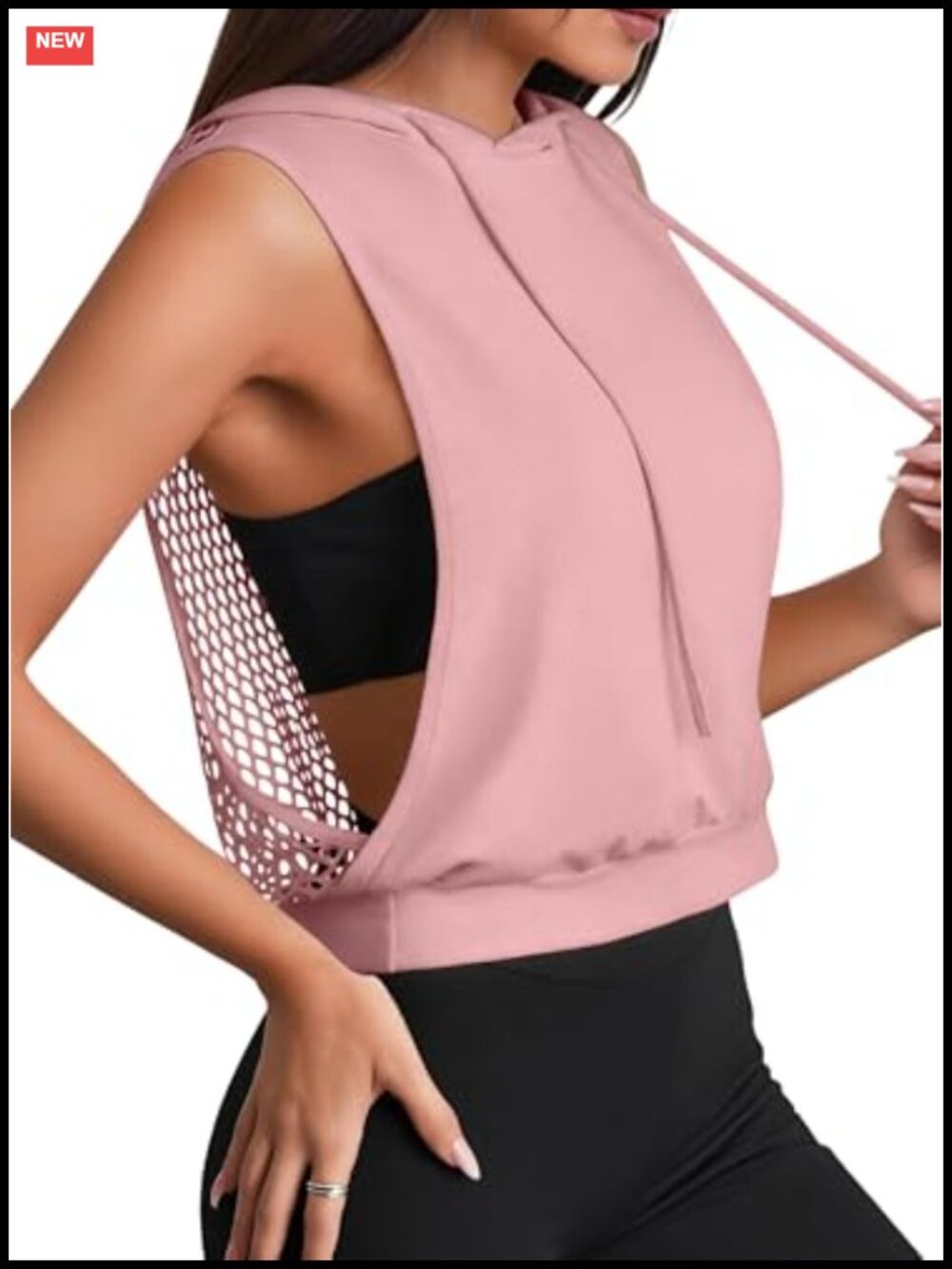 Sleeveless Hoodie Open Back Fishnet Crop Tank Mesh Workout Top
